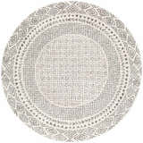 Close-up of the round Livabliss Bahar BHR-2321 area rug. Charcoal and off-white farmhouse design with geometric and floral patterns. Design-Round-53
