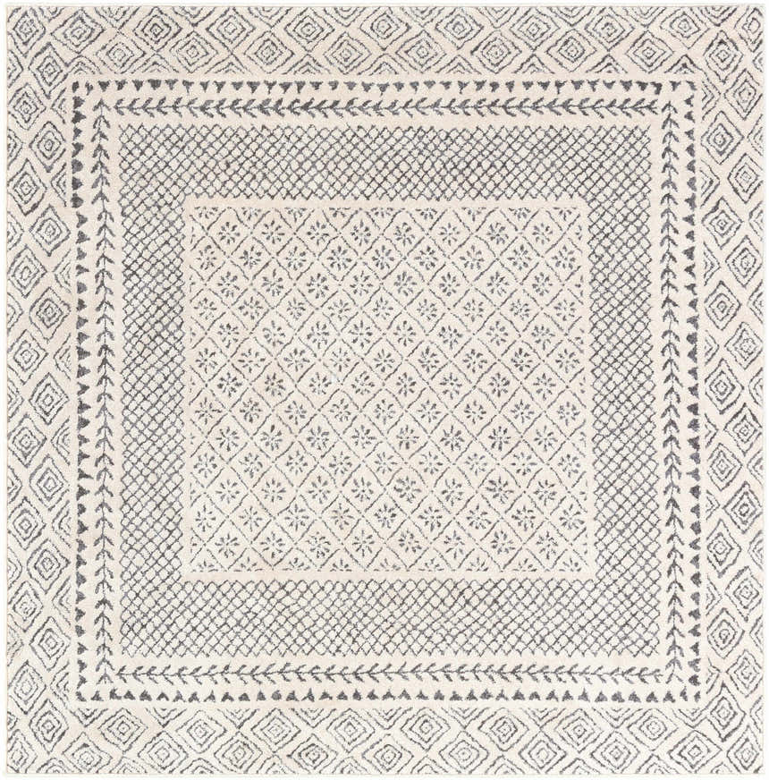 Close-up of the Livabliss Bahar BHR-2321 rug. Charcoal and off-white geometric and floral pattern, farmhouse style. Design-Square-53