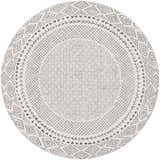 Close-up of the round Livabliss Bahar BHR-2321 area rug. Charcoal and off-white farmhouse style with diamond and lattice pattern. Design-Round-67
