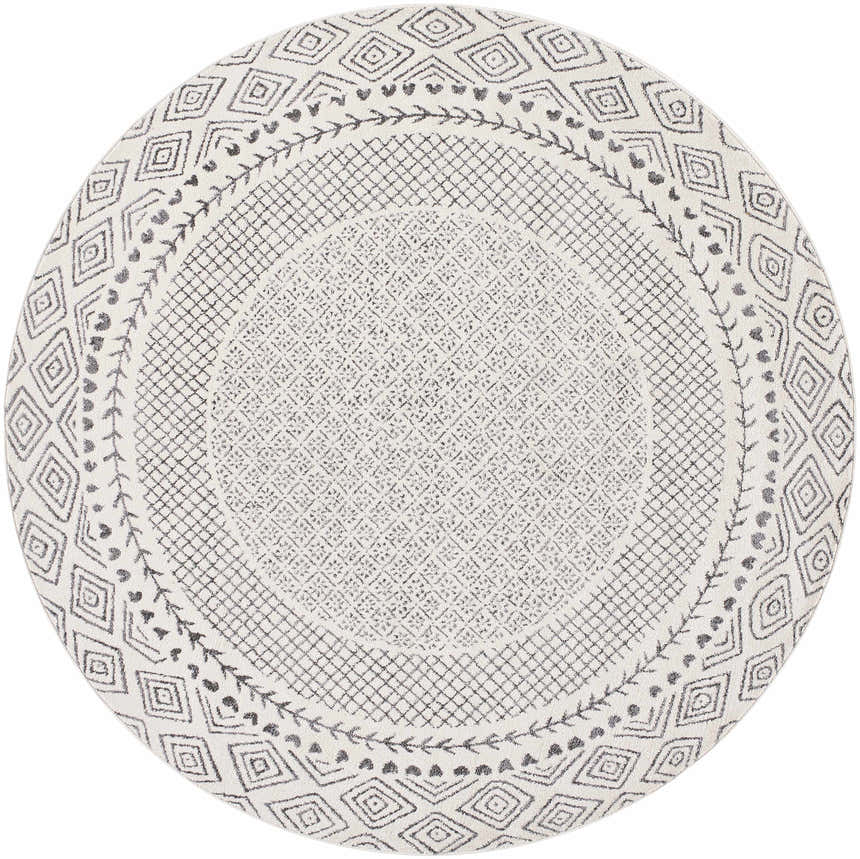 Close-up of the round Livabliss Bahar BHR-2321 area rug. Charcoal and off-white farmhouse style with diamond and lattice pattern. Design-Round-67