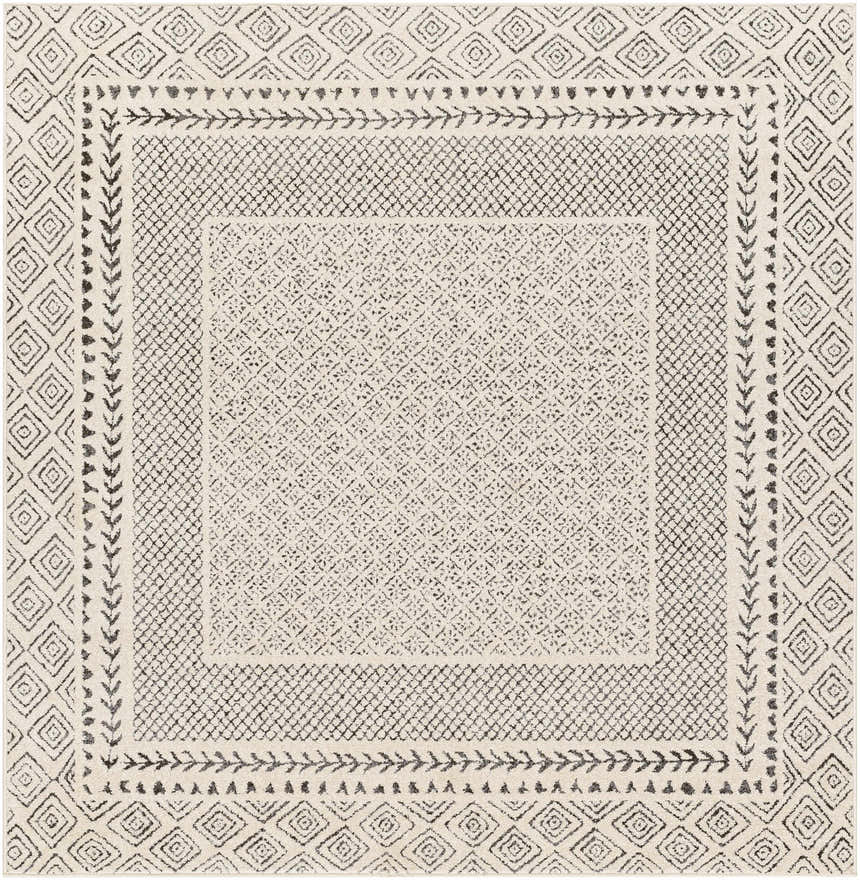Close-up of Livabliss Bahar BHR-2321 area rug. Farmhouse style rug with charcoal and off-white geometric patterns. Design-Square-67