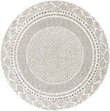 Close-up of round Livabliss Bahar BHR-2321 area rug. Charcoal and off-white farmhouse style with diamond and floral patterns. Design-Round-710