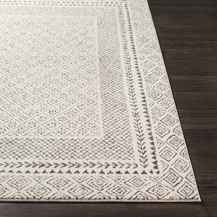 Close up of the Livabliss Bahar BHR-2321 area rug in charcoal and off white with a farmhouse-inspired geometric pattern. Front