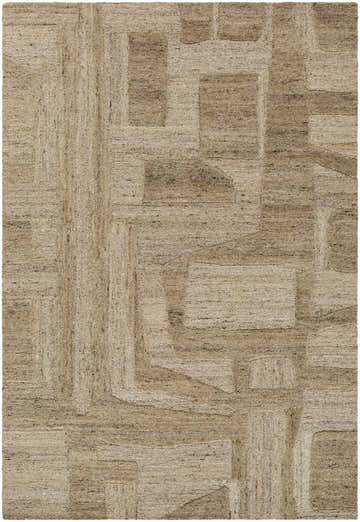 Close-up of the Brasen Tan Area Rug. Hand-tufted wool rug in beige, tan, and taupe with a geometric pattern. Design-Rectangle-576