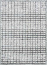 Close-up of the Balint Area Rug. Charcoal grid pattern on a light gray, textured background. Design-Rectangle-5373