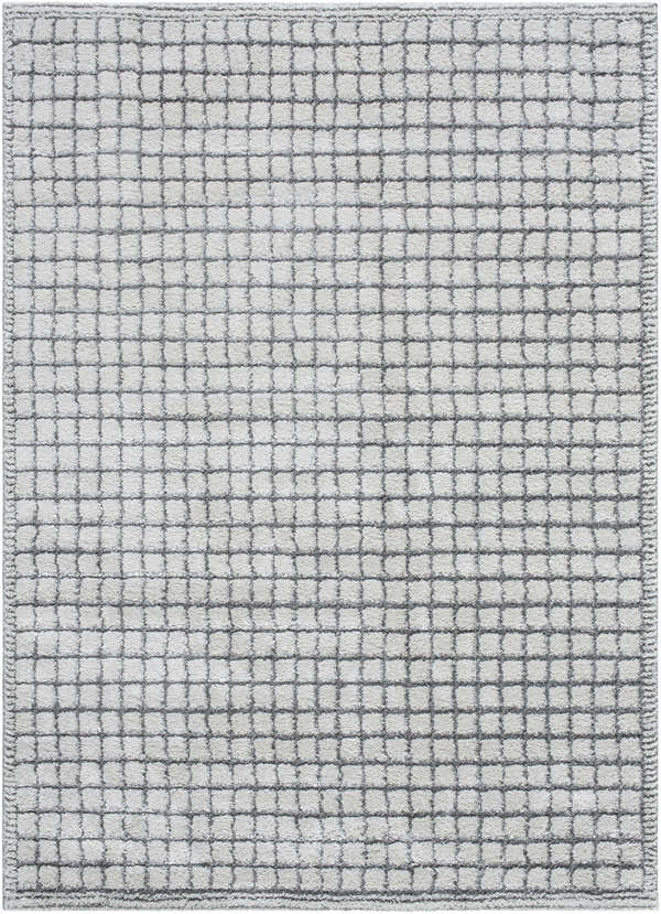 Close-up of the Balint Area Rug. Charcoal grid pattern on a light gray, textured background. Design-Rectangle-5373