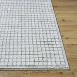 Close-up of the Balint Area Rug; charcoal and light gray grid pattern, machine-woven texture. Front