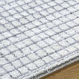 Close-up of the Balint Area Rug, showing its charcoal and light gray geometric pattern and soft, textured pile. Texture