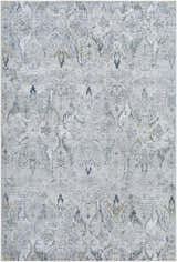 Close-up of the Bryony Area Rug. Features a traditional, farmhouse design in light silver, gray, and slate blue tones. Design-Rectangle-537