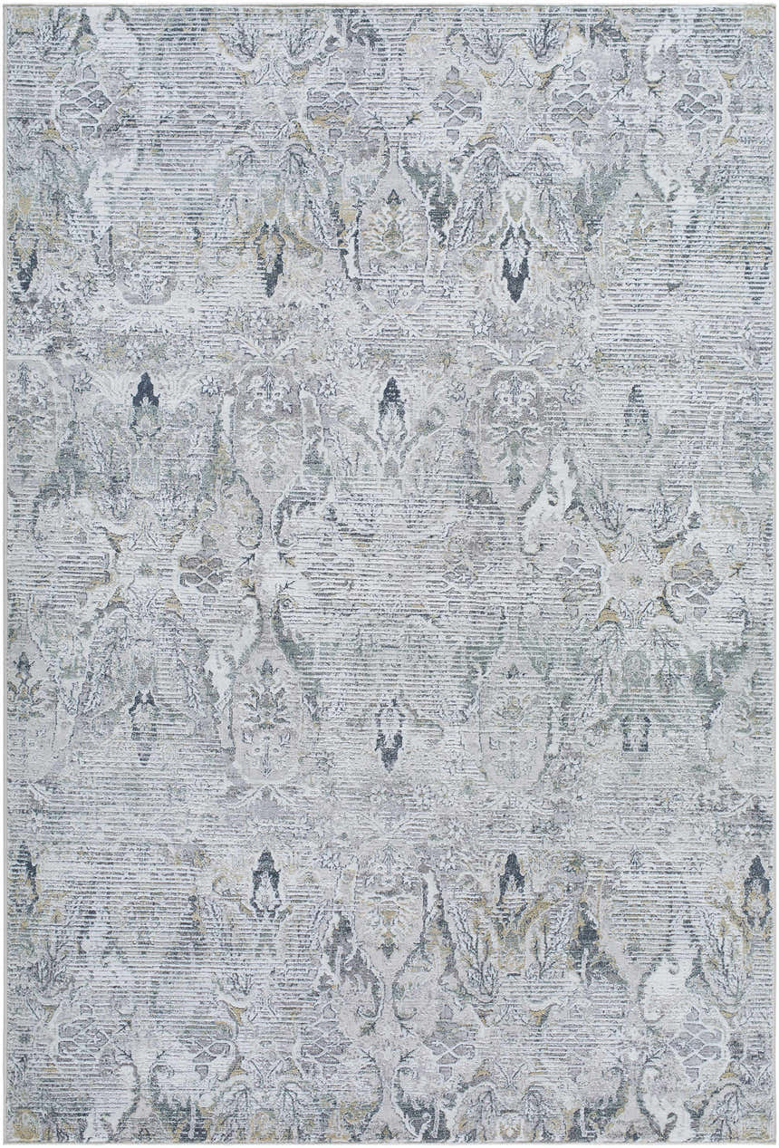 Close-up of the Bryony Area Rug. Features a traditional, farmhouse design in light silver, gray, and slate blue tones. Design-Rectangle-537