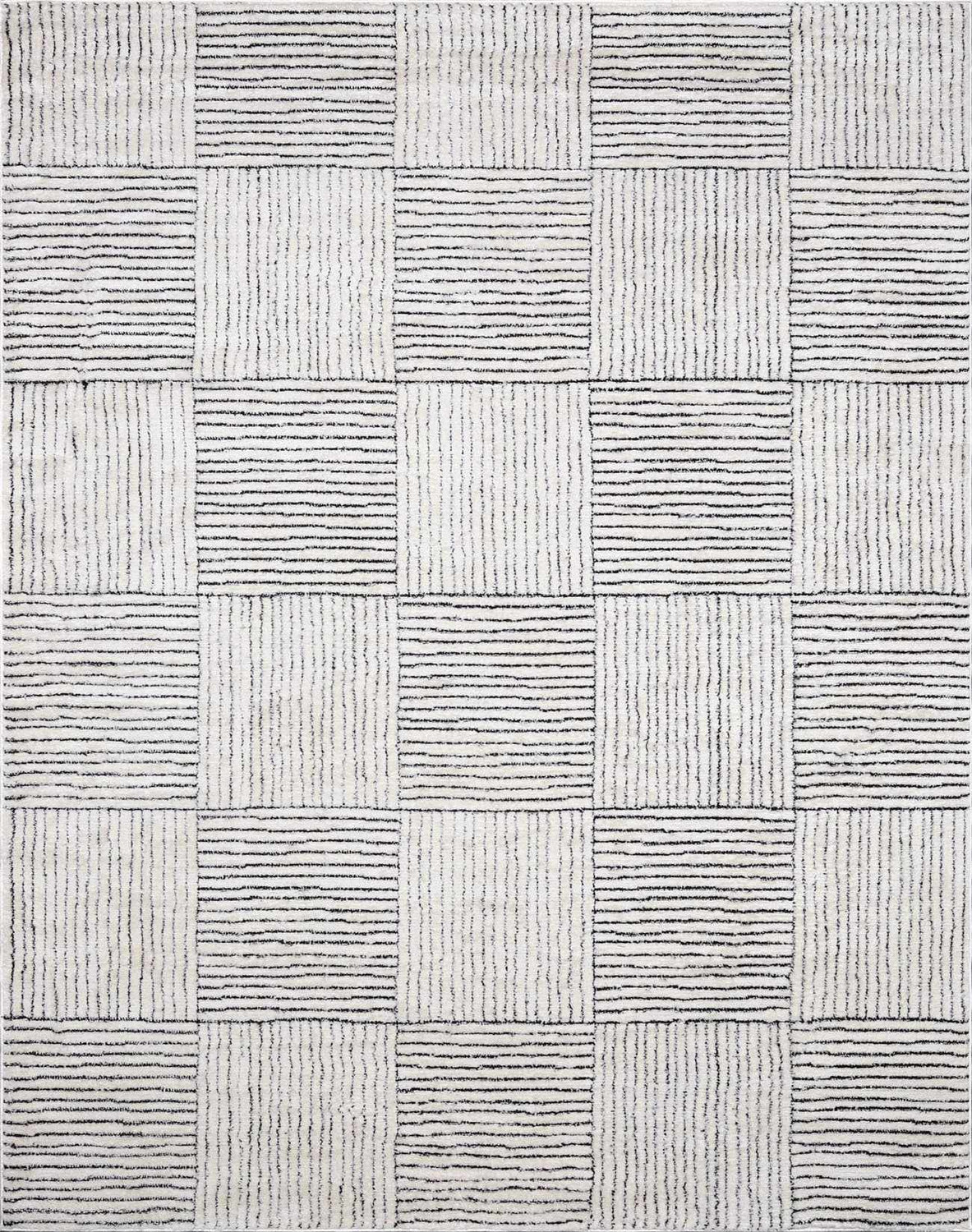 Close-up of Modern Scandi Architect I Area Rug. Ivory rug with black striped block pattern and high pile texture. Design-Rectangle-57