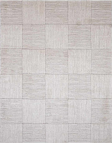 Close-up of Modern Scandi Architect II Area Rug. Ivory rug with dark brown stripes in a geometric block pattern. High pile texture. Design-Rectangle-58