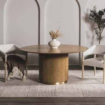 Dining room with round wood table on Modern Scandi Architect II rug in ivory and dark brown. Contemporary style. Roomscene-Rectangle