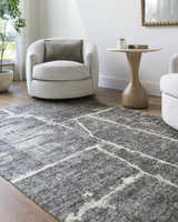 Living room scene with neutral armchairs and gray Janek II Modern Abstract Area Rug. Roomscene-Rectangle