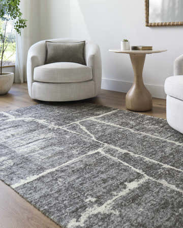 Living room scene with neutral armchairs and gray Janek II Modern Abstract Area Rug. Roomscene-Rectangle