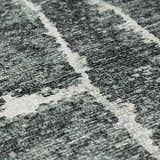 Close-up of the Janek II Modern Abstract Area Rug. Hand-tufted polyester rug with a black, gray, and white geometric pattern. Texture