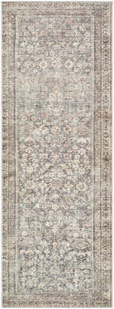 Close-up of a Collins Avenue III Vintage Damask Area Rug. Beige, dark red, green, ivory, and rust farmhouse style rug. Design-Runner-273