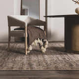 Neutral dining room with a beige chair and the beige and brown Collins Avenue III Vintage Damask Area Rug. Roomscene-Rectangle