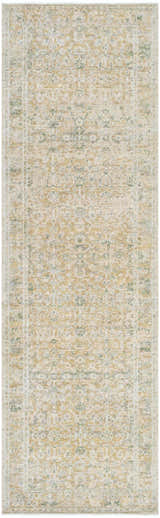 Close-up of Becki Olive Owens x Livabliss Renaissance Area Rug. Beige, olive, and tan floral pattern. Hand-crafted wool rug. Design-Runner