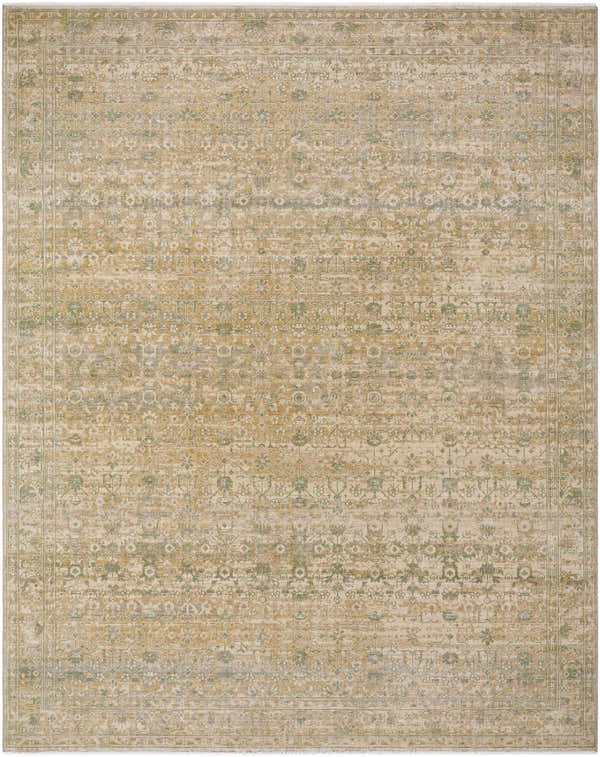 Close-up of the Becki Olive Owens x Livabliss Renaissance Area Rug. Beige, olive, and tan traditional wool rug. Design-Rectangle-710910