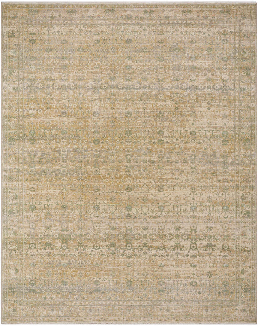 Close-up of the Becki Olive Owens x Livabliss Renaissance Area Rug. Beige, olive, and tan traditional wool rug. Design-Rectangle-710910