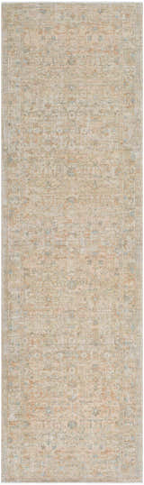 Becki Denim Owens x Livabliss Renaissance Area Rug in beige, denim, coral, and tan. Traditional floral pattern. Design-Runner-3310