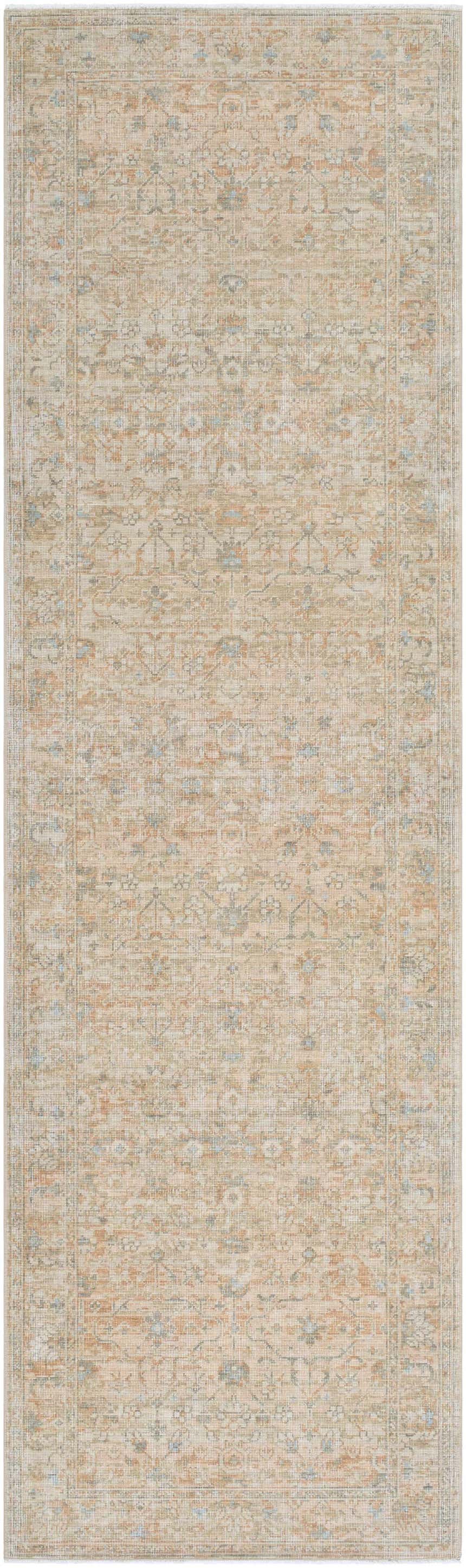 Becki Denim Owens x Livabliss Renaissance Area Rug in beige, denim, coral, and tan. Traditional floral pattern. Design-Runner-3310