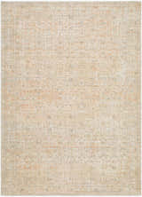 Close-up of the Becki Denim Owens x Livabliss Renaissance Area Rug. Beige wool rug with traditional, faded denim and coral pattern. Design-Rectangle-810