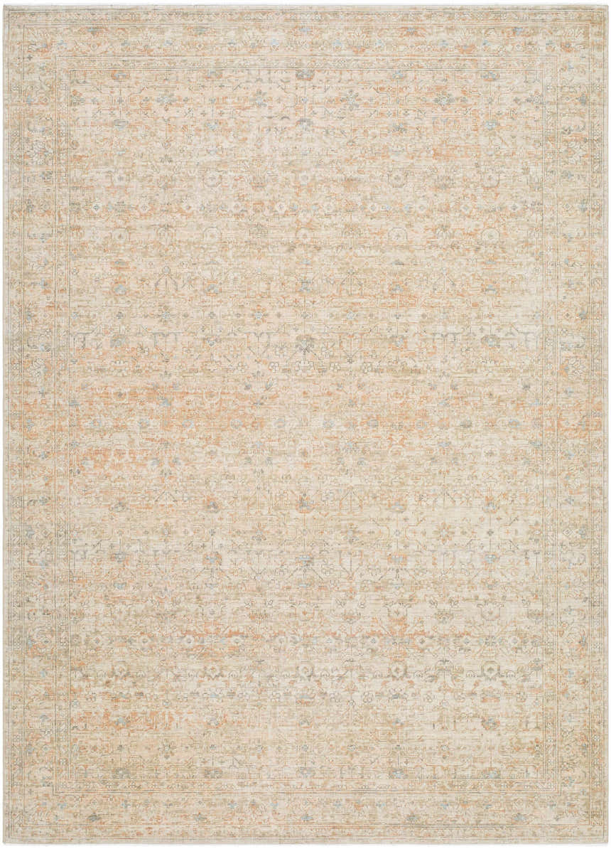 Close-up of the Becki Denim Owens x Livabliss Renaissance Area Rug. Beige wool rug with traditional, faded denim and coral pattern. Design-Rectangle-810