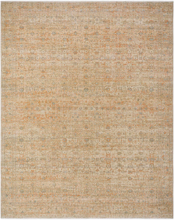 Detailed pattern of the Becki Denim Owens x Livabliss Renaissance Area Rug. Beige, denim, coral, tan, and taupe tones. Design-Rectangle-710910