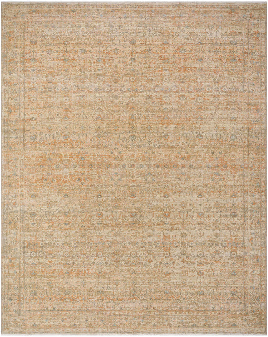 Detailed pattern of the Becki Denim Owens x Livabliss Renaissance Area Rug. Beige, denim, coral, tan, and taupe tones. Design-Rectangle-710910