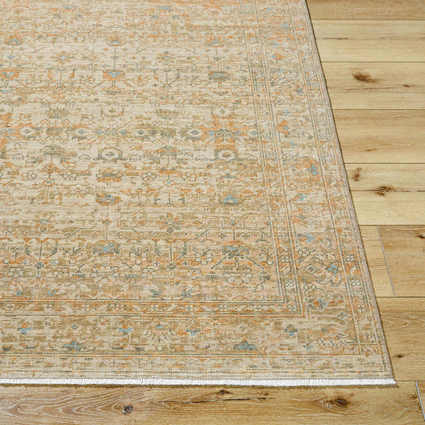 Close-up of the Becki Denim Owens x Livabliss Renaissance Area Rug; beige, denim, coral, and tan traditional pattern. Front