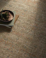 Close-up of the Becki Denim Owens x Livabliss Renaissance Area Rug, a beige wool rug with denim, coral, and tan traditional patterns. Texture