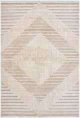 Close-up of the Briana Brown Washable Area Rug. Beige and light brown horizontal stripes form a geometric diamond pattern. Design-Rectangle-57