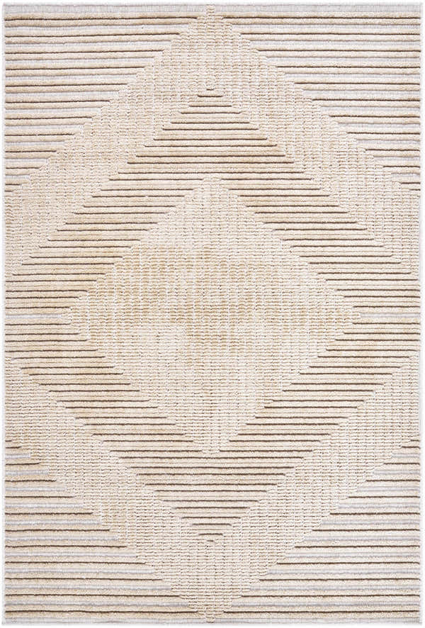 Close-up of the Briana Brown Washable Area Rug. Beige and light brown horizontal stripes form a geometric diamond pattern. Design-Rectangle-57