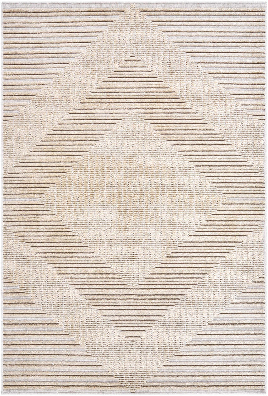 Close-up of the Briana Brown Washable Area Rug. Beige and light brown horizontal stripes form a geometric diamond pattern. Design-Rectangle-57