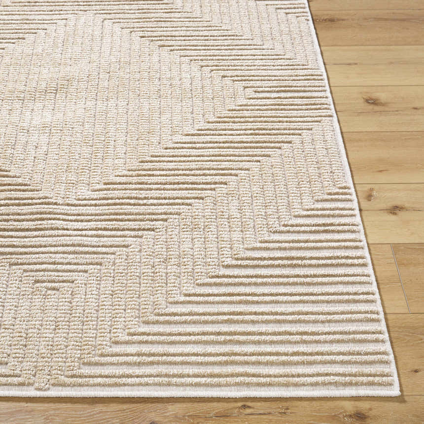 Close up of the Briana Brown Washable Area Rug, showing a geometric pattern in beige and light brown on wood floor. Front