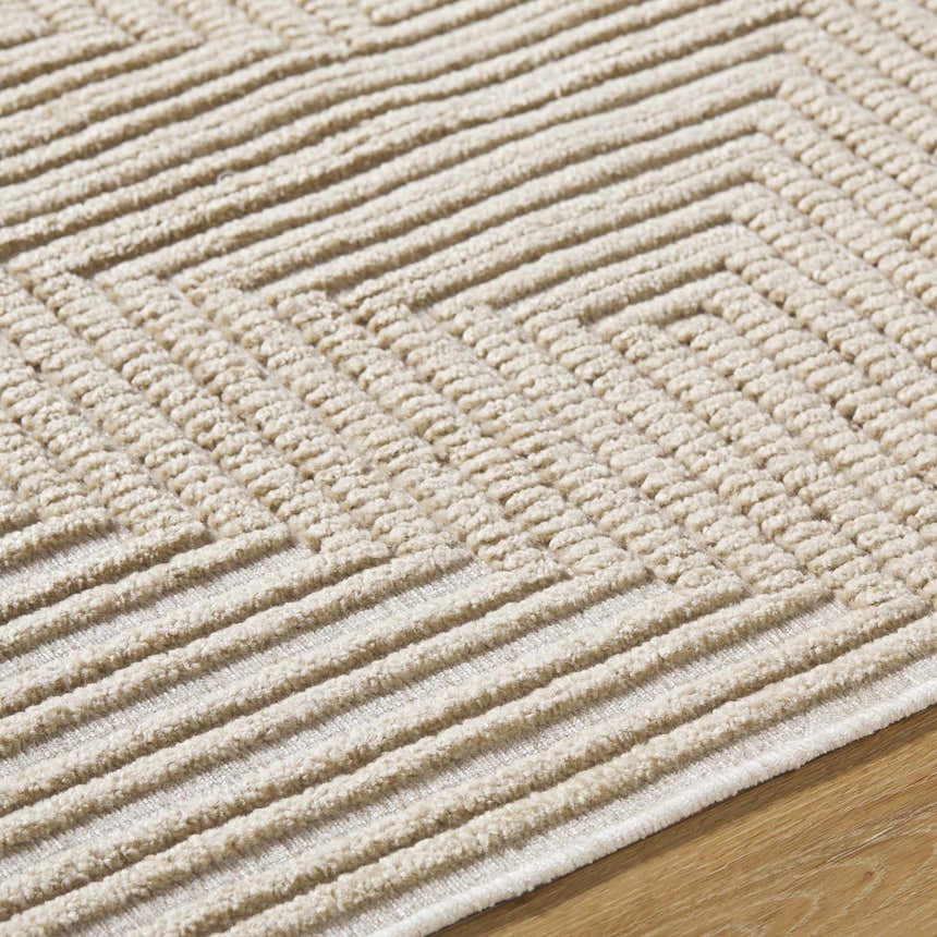 Close-up of the beige Briana Brown Washable Area Rug. Contemporary style with a geometric pattern and textured weave. Texture