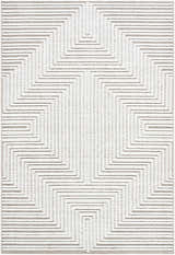 Close-up of Briana Beige Washable Area Rug. Contemporary style with geometric pattern in beige and off-white. Design-Rectangle-57