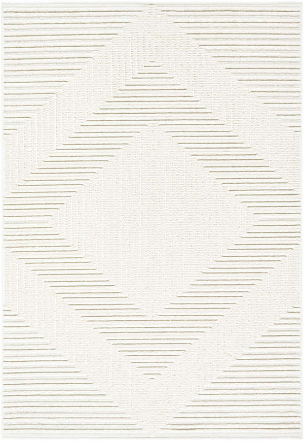 Close-up of the Briana Off-White Washable Area Rug featuring a geometric linear pattern and textured cream color. Design-Rectangle-57