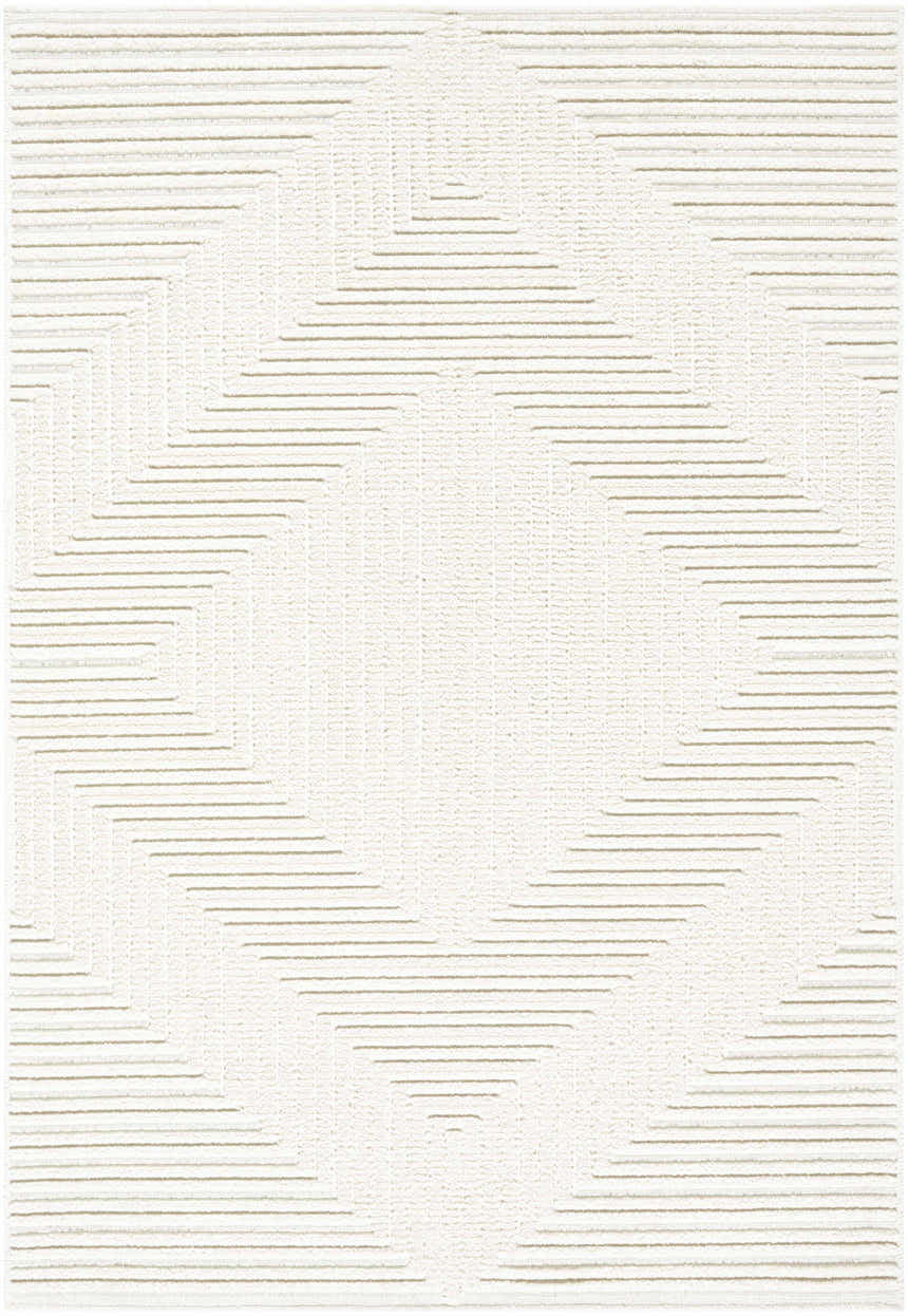 Close-up of the Briana Off-White Washable Area Rug featuring a geometric linear pattern and textured cream color. Design-Rectangle-57