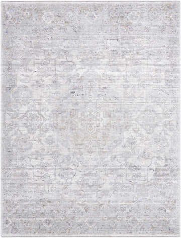 Close-up of the Bimala Area Rug: a machine-woven, rectangular rug in cream, light gray, tan, and black with a traditional pattern. Design-Rectangle-537