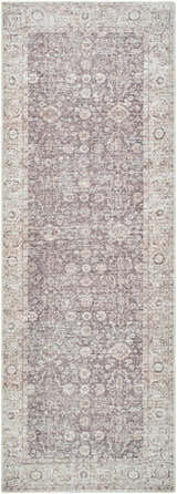 Close-up of the Spokane Dark Brown Area Rug. Traditional floral pattern in dark brown, cream, peach, and dark red. Farmhouse style. Design-Runner-2673
