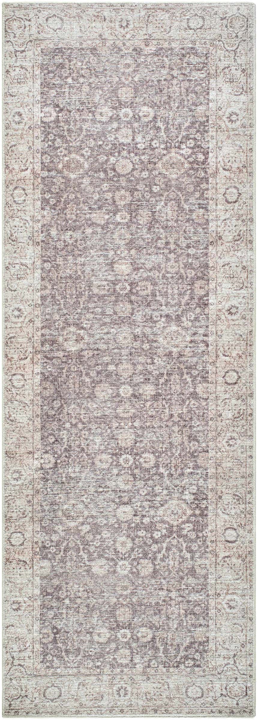 Close-up of the Spokane Dark Brown Area Rug. Traditional floral pattern in dark brown, cream, peach, and dark red. Farmhouse style. Design-Runner-2673