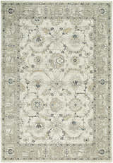 Close-up of the Yume Ivory Persian rug, showcasing its charcoal, olive, and slate blue floral pattern and traditional design. Design-Rectangle-6796
