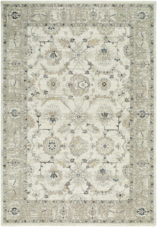 Close-up of the Yume Ivory Persian rug, showcasing its charcoal, olive, and slate blue floral pattern and traditional design. Design-Rectangle-6796