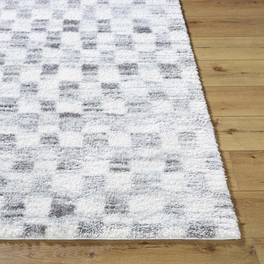 Close-up of the Aneska Area Rug, a gray and ivory shag rug with a contemporary geometric pattern on wood flooring. Front