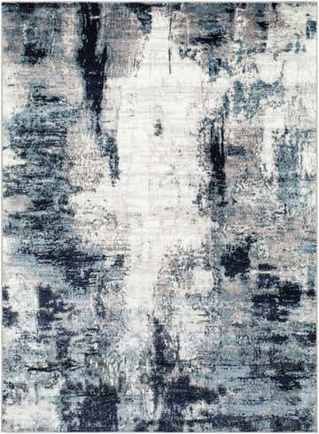 Close-up of the Baldwyn Area Rug featuring a contemporary abstract design in black, charcoal, blue, teal, and white. Design-Rectangle-537