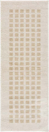 Close-up of the Baback Beige Washable Area Rug. Features a textured, low-pile design with beige square pattern on a cream background. Design-Runner-2773
