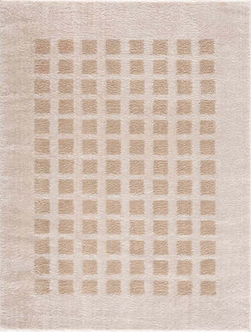 Close-up of the Baback Beige Washable Area Rug. Beige rug with a subtle square pattern in a slightly darker beige. Soft texture. Design-Rectangle-537